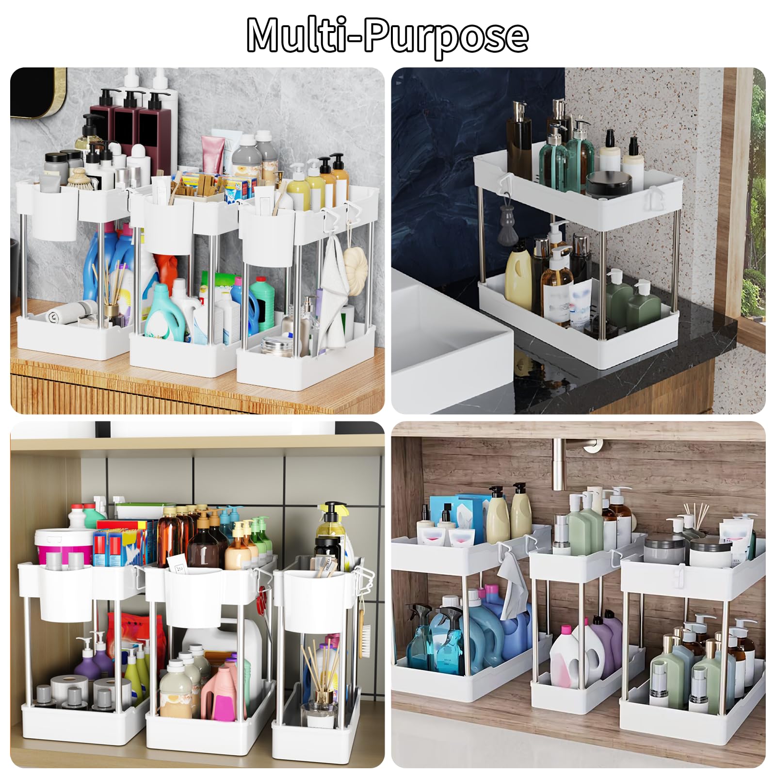 JYSMYWS 3 Pack Under Sink Organizers and Storage, 2 Tier Bathroom Cabinet Organizer Shelf with Hanging Cups for Kitchen & Bathroom (White)