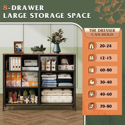 WLIVE 8 Drawer Dresser for Bedroom, Wide Fabric Dresser Storage Organizer, Chest of Drawers with Wood Top, Sturdy Steel Frame, Dressers for Living Room, Closet, Hallway, Floral Painted