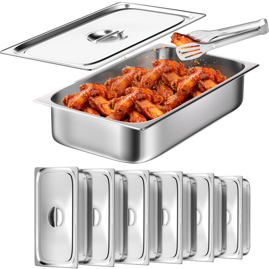 WantJoin Steam Table Hotel Pans with Lid 1/1 Full Size 4 Inch Deep 6 Pack, Stainless Steel Metal Tray Sets Food Storage Container, Commercial Restaurant Chafing Dishes Buffet Warmer Catering Supplies
