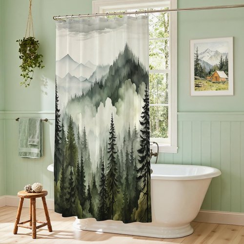 BayNook Dark Green Misty Forest Shower Curtain, Mountain Nature Shower Curtain for Bathroom, Rustic Woodland Pine Tree Landscape Mens Decor Waterproof Fabric Shower Curtain Set with Hooks, 72x72