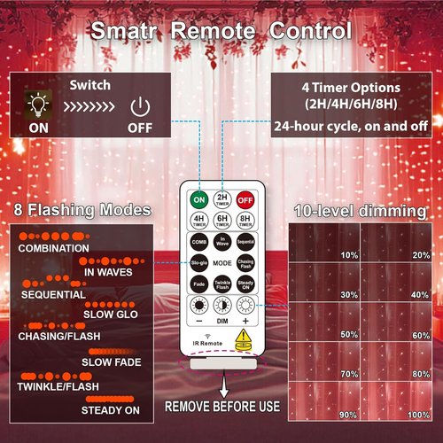 HXWEIYE 300LED Fairy Curtain Lights - 9.8x9.8Ft USB Plug-In with 8 Modes & Remote | Red Indoor Decor