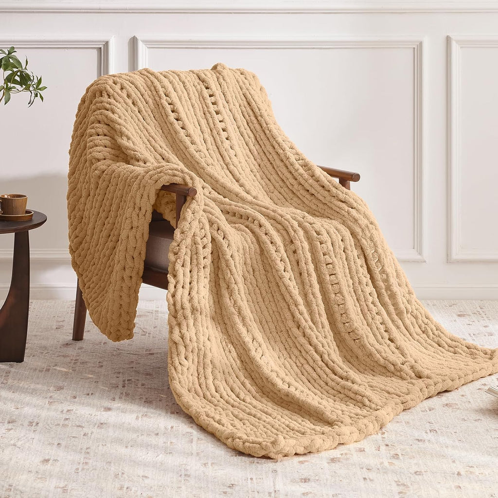 Negwoo Chunky Knit Throw Blanket - Handmade Beige Chenille Yarn | Soft & Comfy 30'' x 40'' Size for Home Decor