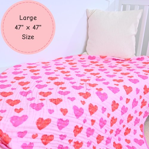 LollyBanks Baby Blanket, 100% Organic Cotton Muslin Quilt for Girls, 47 x 47 Inches Toddler Quilt, Soft and Breathable 6-Layer Newborn Blankets, Crib Bedding Essential (Gemstone Heart Print)