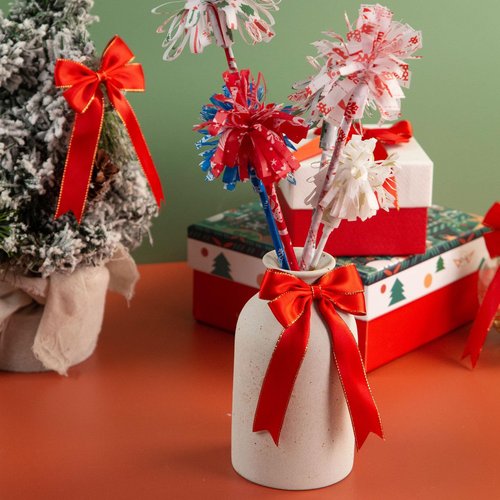 MCPINKY 20PCS Red Satin Bows for Christmas Tree, Glitter Gold Edged Xmas Ornaments – Perfect for Wreaths, Gifts, Bottles, Bags, and Holiday Decor