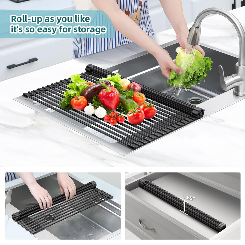 Ohuhu Sink Drying Rack, 20.5" W x 16.1" L Over Sink Roll-Up Dish Drainer - Rolling Foldable Accessories Heat-Resistant Mat Anti-Slip Silicone Coated Multipurpose for Kitchen Counter