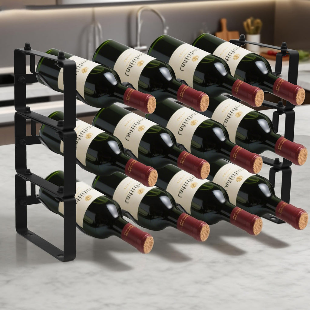 STAEVER Black Wine Rack for 12 Bottles – Stackable & Expandable Metal Wine Bottle Holder for Bar Counter, Cabinet, Pantry, or Small Spaces – Modern Freestanding Wine Storage Shelf (3 Tier, Black)