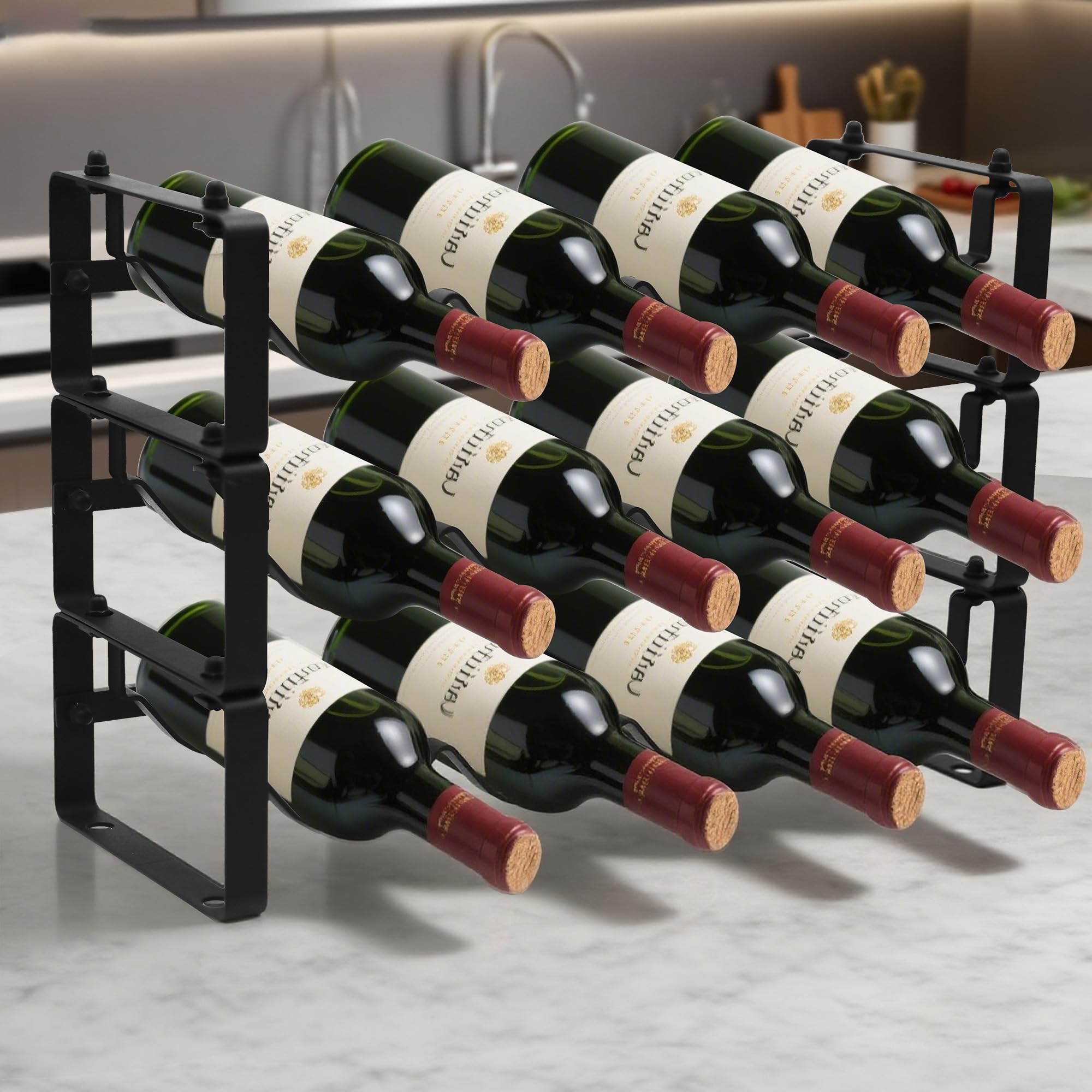 STAEVER Black Wine Rack for 12 Bottles – Stackable & Expandable Metal Wine Bottle Holder for Bar Counter, Cabinet, Pantry, or Small Spaces – Modern Freestanding Wine Storage Shelf (3 Tier, Black)