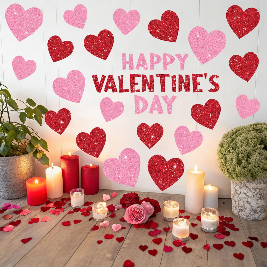 Whaline 9 Sheets Valentine' s Day Wall Stickers Glitter Red Pink Heart Room Mural Stickers Peel and Stick Wall Decals for Home School Office Wedding Anniversary Party Supplies