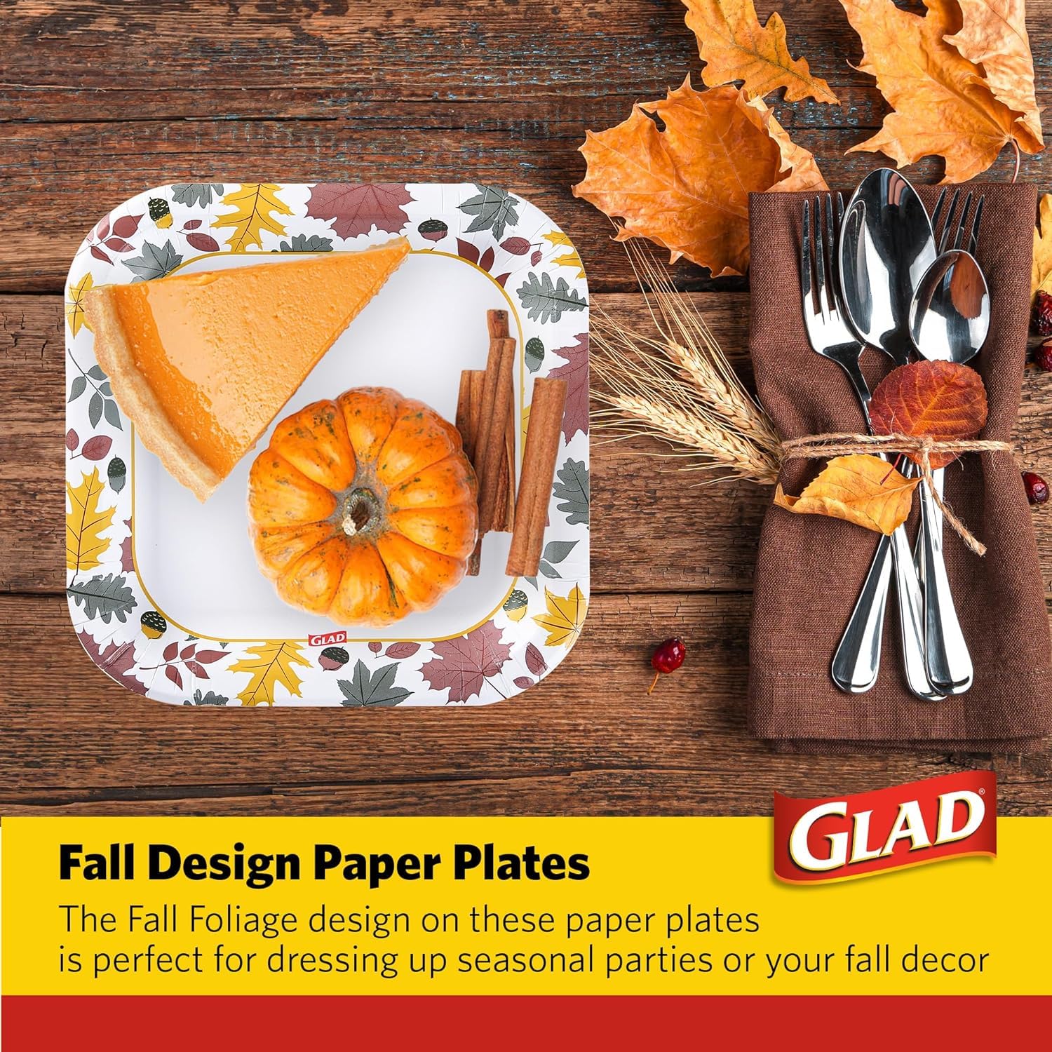 Glad Everyday Square Disposable Paper Plates with Falling Foliage Design, Small | Cut-Resistant, Microwavable Paper Plates for All Foods & Daily Use | 7 Inches, 50 Count - 12 Pack