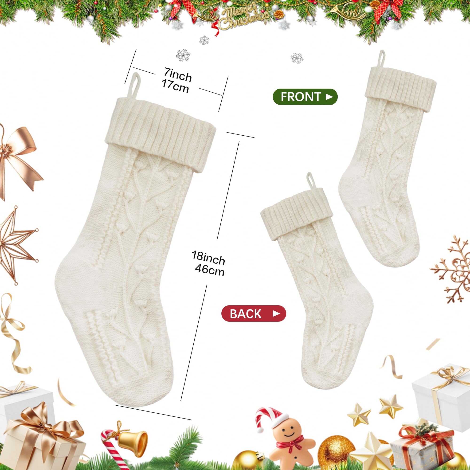 PUKUPIG 18 Inch White Christmas Stocking, Extra Large Cable Knit Holder, Xmas Stocking for Fireplace, Mantel, Festival Party or Wall Hanging