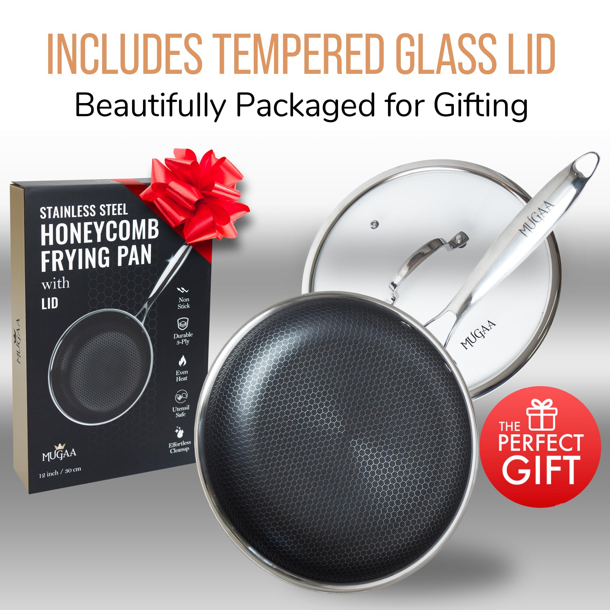 MUGAA 12 Inch Stainless Steel Frying Pan with Lid - Honeycomb Nonstick Skillet - PFOA-Free - Induction Compatible - Oven Safe to 450°F - Dishwasher Safe