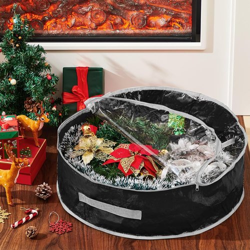 4 Pcs Christmas Wreath Storage Bag - Durable Container with Clear Window & Zipper | 30" Black
