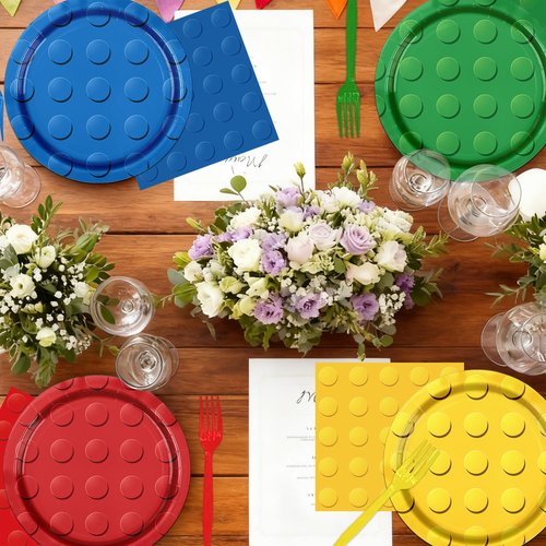 Building Block Party Supplies,61pcs Block Party Decorations Tableware Include Building Block Plates and Napkins,Tablecloth,Forks for Building Block Birthday Party Supplies,Serve 20