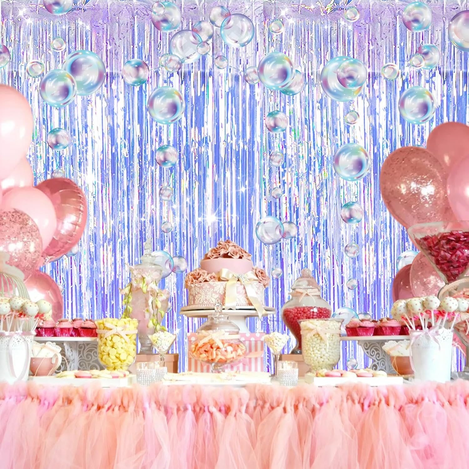 Skiennix Iridescent Party Streamers - Tinsel Foil Fringe Curtains with Colorful Bubble Garlands | Perfect for Ocean-Themed Celebrations