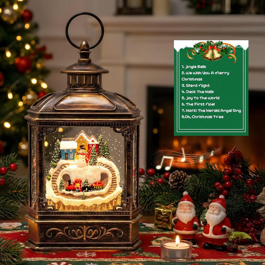 VISFLAIR Christmas Village Snow Globe Lantern - Musical Lighted Snowman & Train | Battery Operated or USB Powered