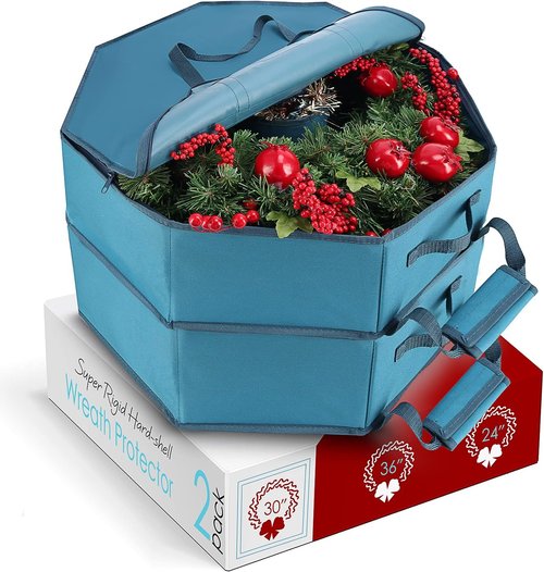 Hearth & Harbor Christmas Wreath Storage Organizer Box - Premium Hard Shell with Dual Zipper & Pockets, 30" | Blue