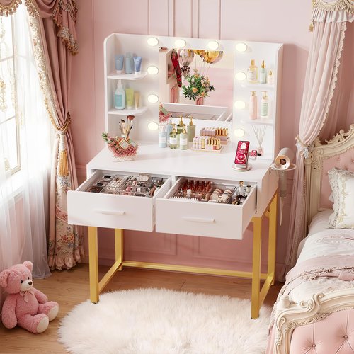 Furmax Vanity Desk with Mirror and LED Light Bulb, Small Makeup Vanity Table with Drawers, Dressing Table with Power Outlet and Hair Drayer Holder for Bedroom (White & Gold)