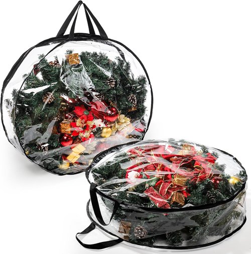 Hedume Wreath Storage Bag - 30" X 8" Clear Container with Dual Zipper and Reinforced Handle for Holiday Decor