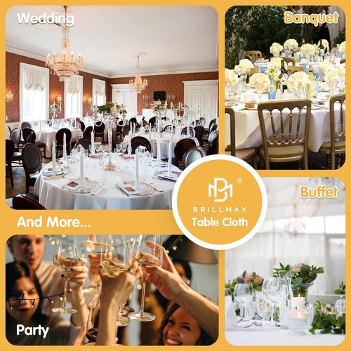 BRILLMAX 4 Pack White Round Tablecloths 132 Inch for 72” Tables - 150 GSM Polyester Fabric, Floor Length Drop, Water, Stain & Wrinkle Resistant Cloth Cover for Wedding Reception Banquet Dining