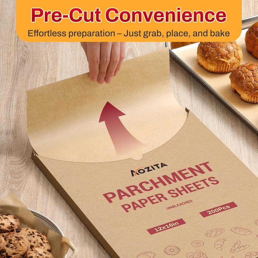 Skiennix Unbleached Parchment Paper Sheets - 200 Pcs, 12x16 Inch, Non-Stick for Baking & Cooking