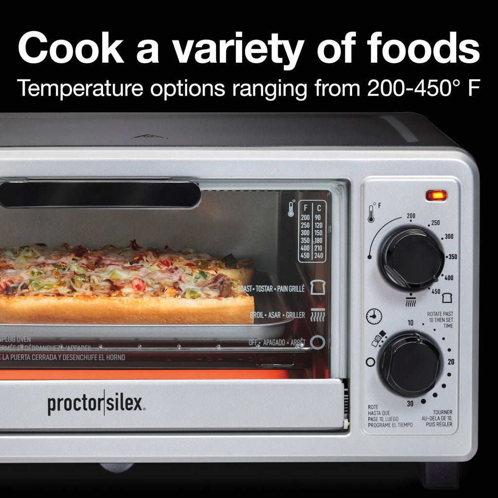 Proctor Silex 4 Slice Countertop Toaster Oven, Multi-Function with Bake, Toast and Broiler, 1100 Watts, 30 min timer and auto-shutoff, Includes Backing Pan and Rack, Black and Silver (31260)