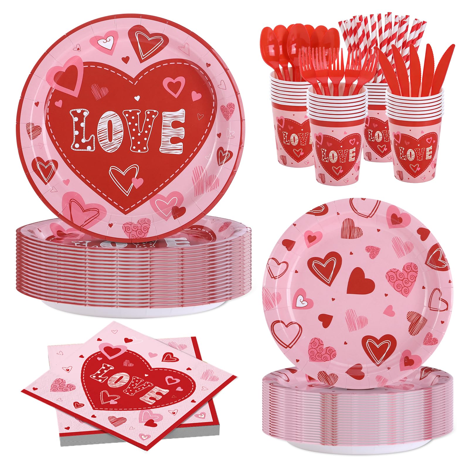 Valentine's Day Party Decorations Plates Red Heart themed Disposable Plate with Cups Banner Tablecloth,Serves 24