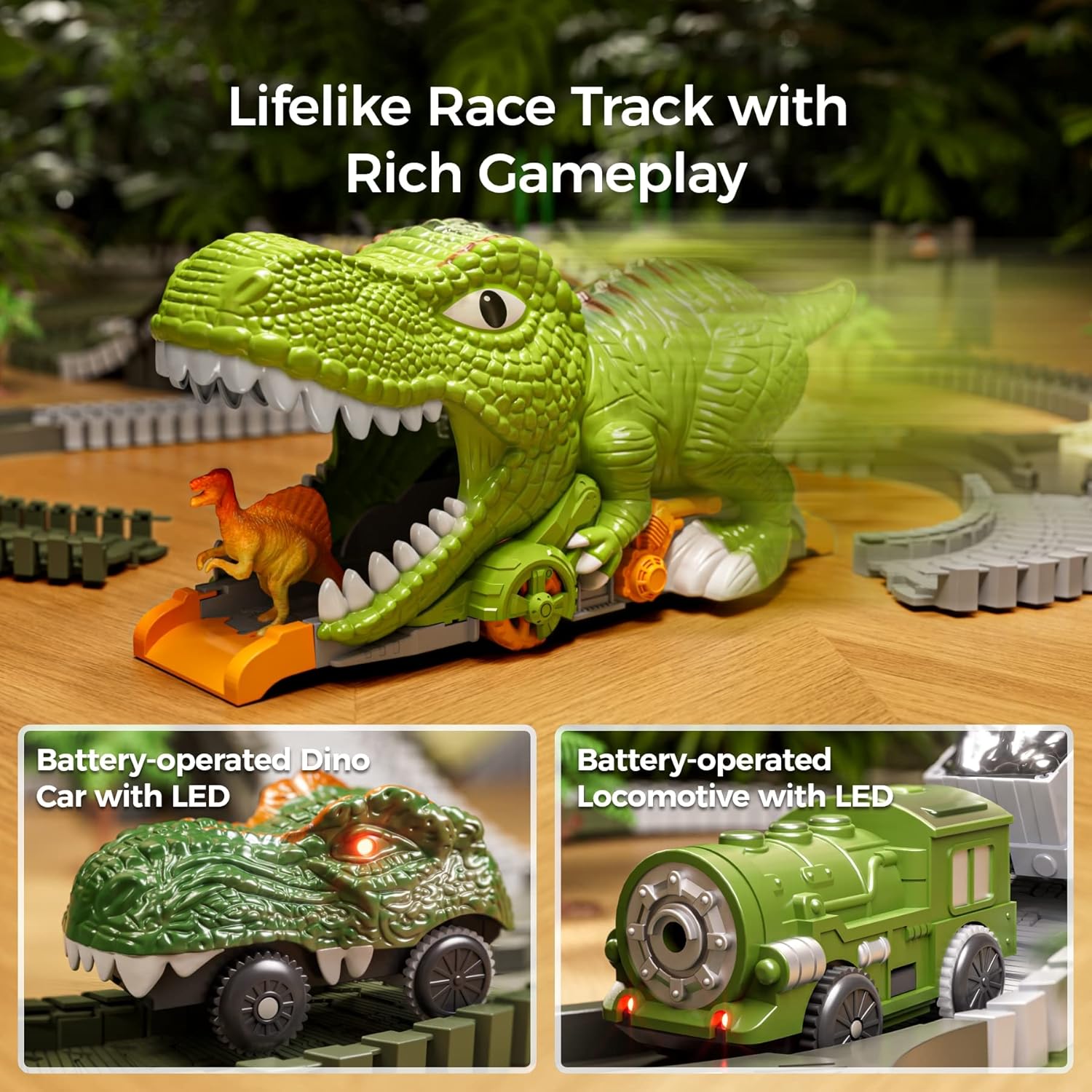 TUMAMA Dinosaur Train Set - 281 Pcs Flexible Race Track with 4 Dinosaur Figures & 2 Electric Cars for Kids 3-7