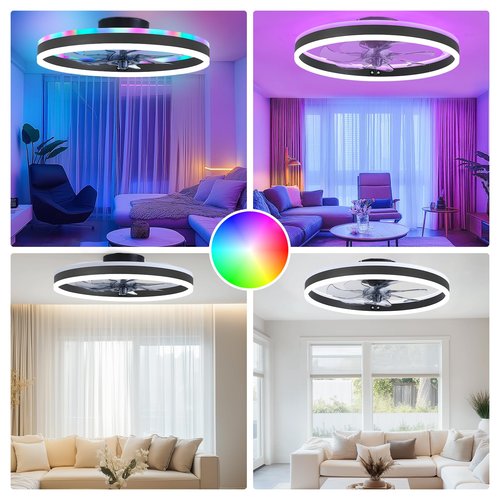 ORITHAM RGB Ceiling Fans with Lights, 20" Fandelier Low Profile Ceiling Fan with Light, Modern Flush Mount Ceiling Fan Light with Remote/APP Control, Bedroom Chandelier Fan Fixture for Indoor(Black)