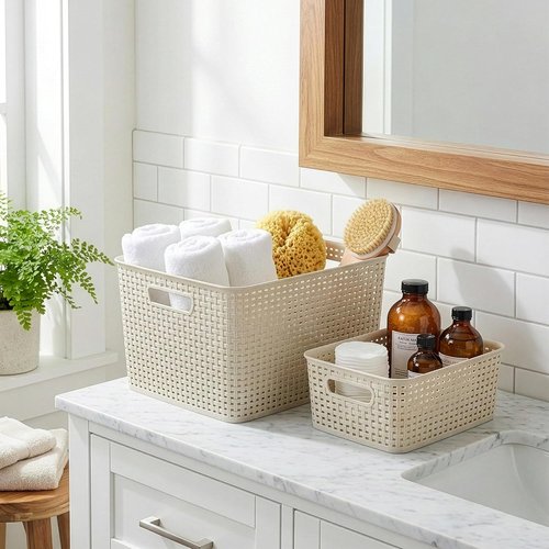 BINO Plastic Storage Baskets - 33 Liter | 3 Pack Natural Woven Baskets for Organizing Shelves