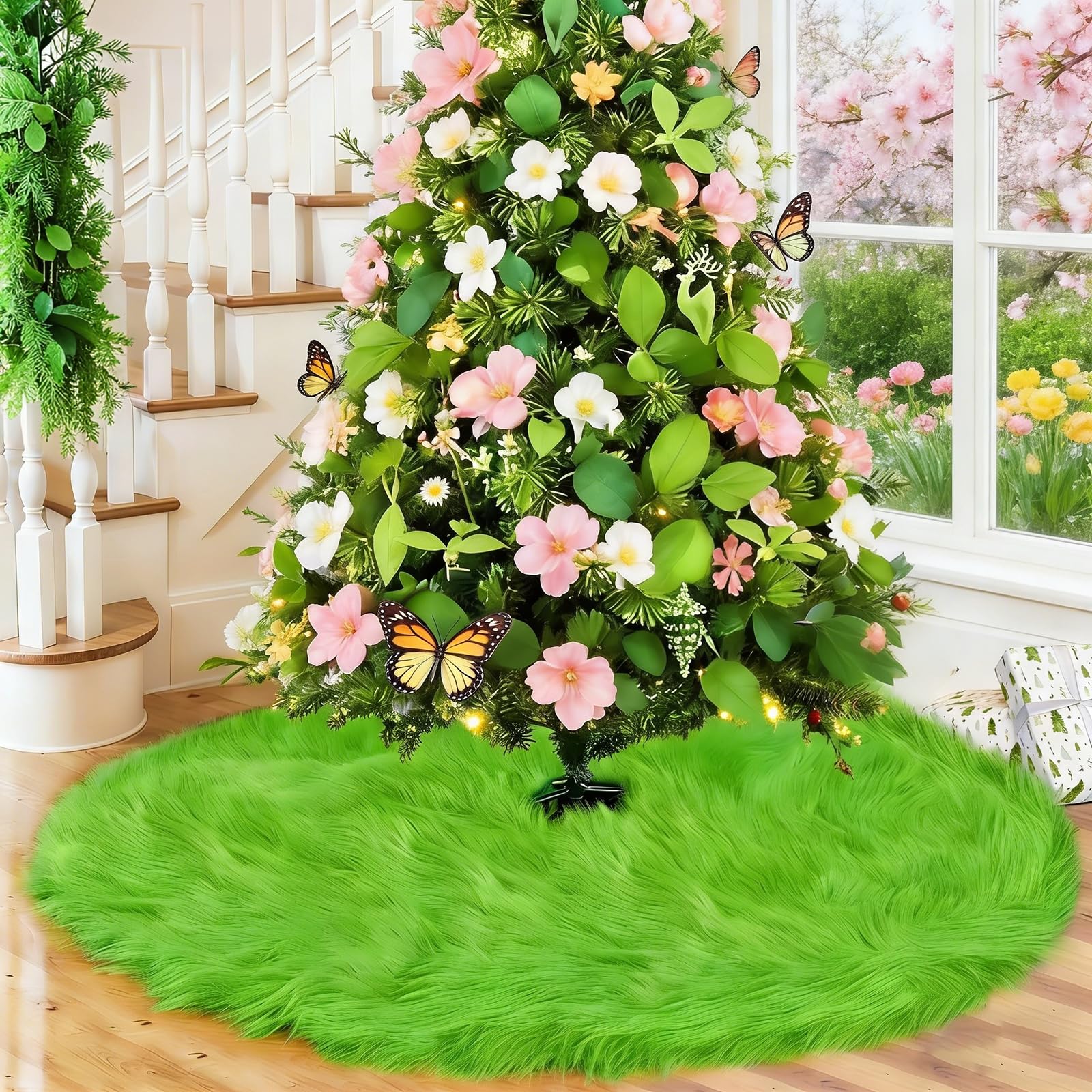 yuboo Spring Green Tree Skirt 48 inch, Large Fluffy Faux Fur Tree Skirt Decorations Ornaments for Artificial Trees 6-7.5 Ft, Furry Tree Rug Home Decor