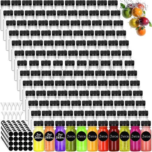 UZLU 165 Pcs 2 oz Small Plastic Juice Bottles with Black Caps Mini Clear Ginger Shot Containers with Tamper Proof Lids Reusable Travel Bottles with Funnels Labels for Juice Milk Water Other Beverages