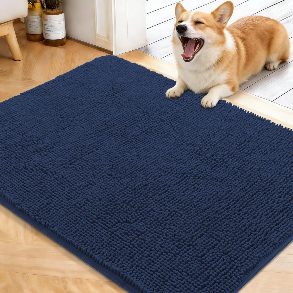 OLANLY Dog Door Mat - Absorbent Non-Slip Chenille Mat for Muddy Paws | 40x32, Dark Blue, Quick Dry