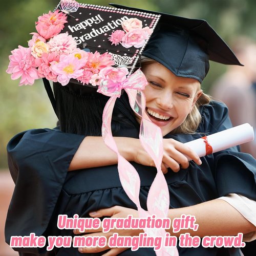 FYSUIMU Graduation Cap Decorations Kit - DIY Pink Grad Hat Toppers with Flowers & 3D Butterfly Stickers