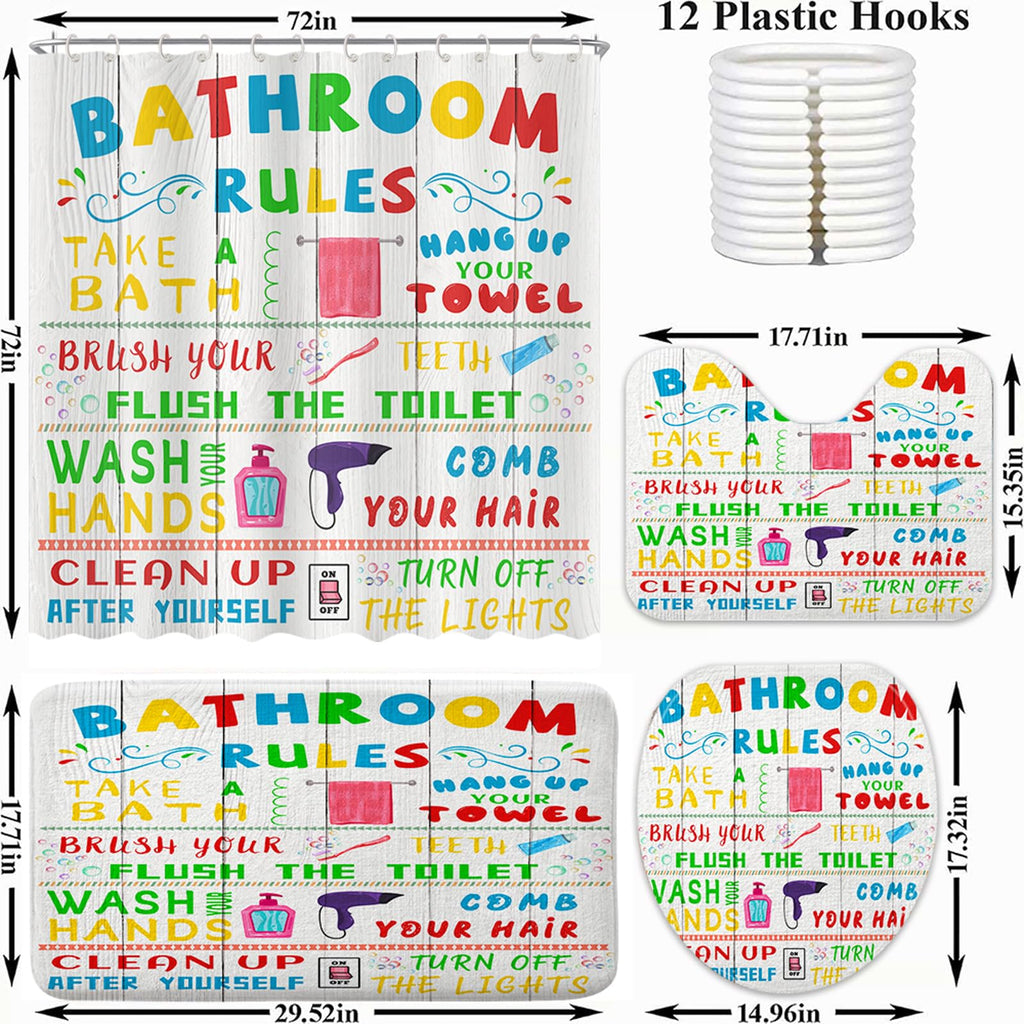 4 Pcs Kids Shower Curtain Sets, Funny Teen Boy Girl Bathroom Sets with Non-Slip Rugs and Accessories, Cute Colorful Bathroom Rules Fabric Toilet Lid Cover and Bath Mat, Shower Curtain with 12 Hooks.