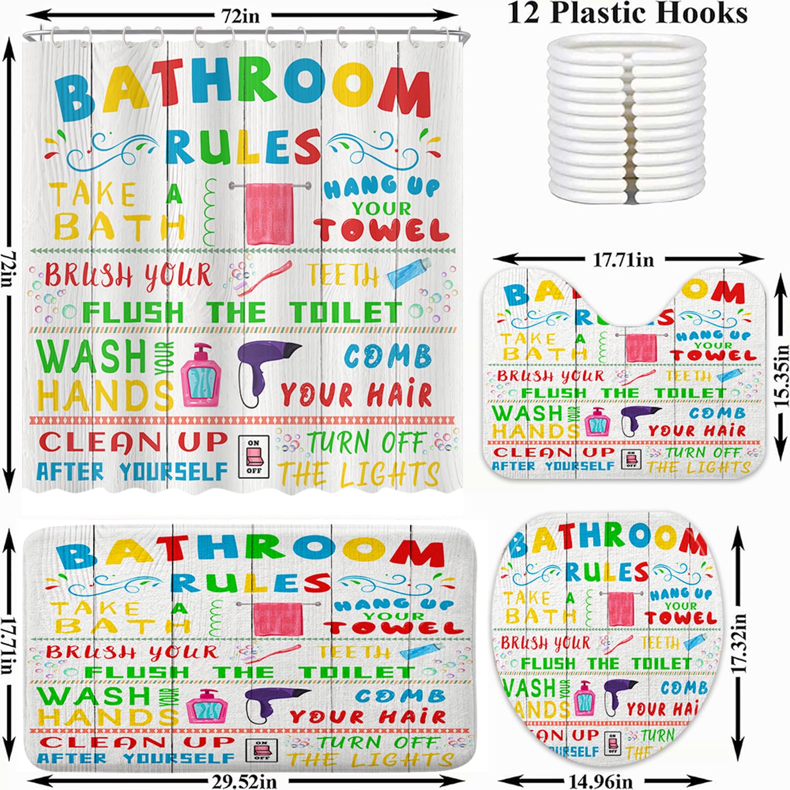 4 Pcs Kids Shower Curtain Sets, Funny Teen Boy Girl Bathroom Sets with Non-Slip Rugs and Accessories, Cute Colorful Bathroom Rules Fabric Toilet Lid Cover and Bath Mat, Shower Curtain with 12 Hooks.
