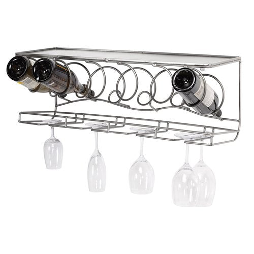 Oenophilia Wine Bar Wall Rack - Wall Mounted Wine Rack, Bottle and Stemware Glass Holder, Sturdy and Solid Metal Shelf across the Top for Liquor Storage