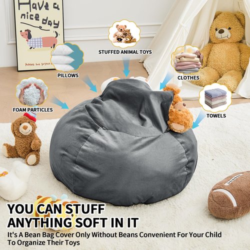 ILPEOD Stuffed Animal Storage Bean Bag Chair Cover Only(No Filling) - Soft and Durable Washable Cover - Drip Oversized Lounge Chair Slipcover for Kids, Adults, Teens - 2.5FT Charcoal
