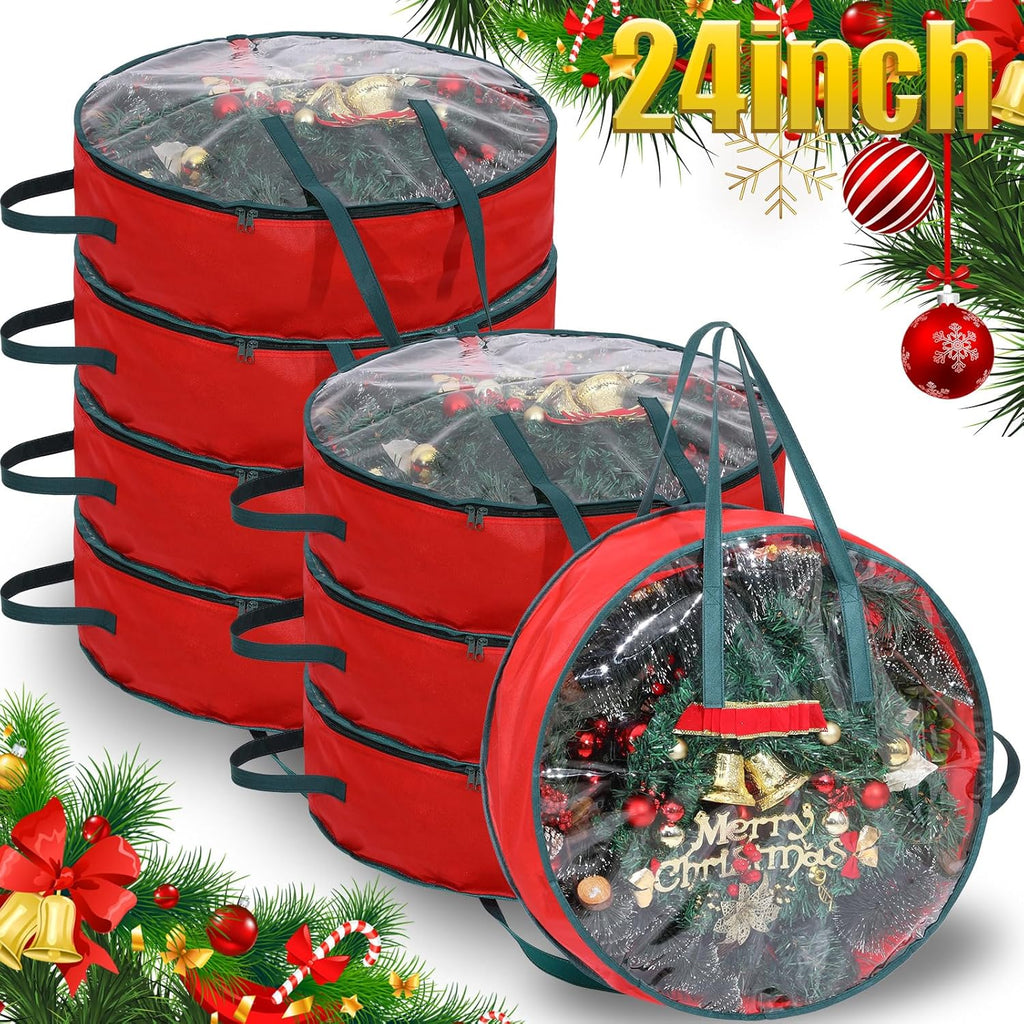 Shappy Wreath Storage Bag - 8 Pcs Red Clear Window Containers with Handle for Holiday Decor