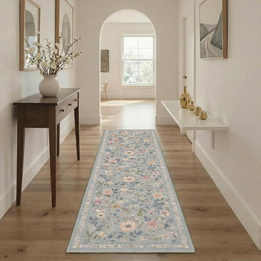 Bavni Runner Rug - Vintage Floral Print, Machine Washable & Non-Slip - 2.5x6 ft, Misty Blue