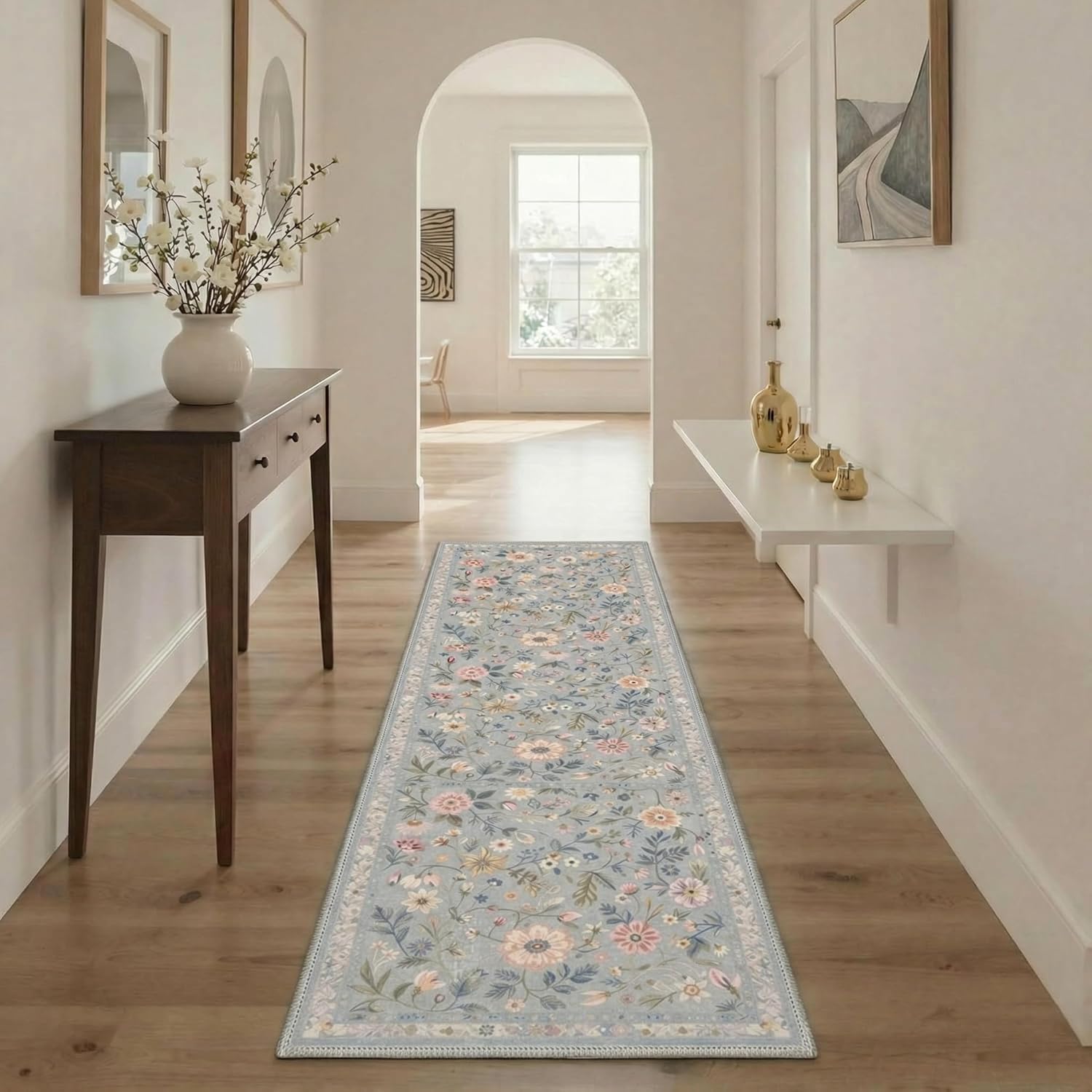 Bavni Runner Rug - Vintage Floral Print, Machine Washable & Non-Slip - 2.5x6 ft, Misty Blue