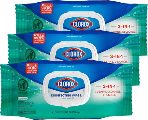 Clorox Disinfecting Wipes - Bleach-Free Fresh Scent | 75 Count, Pack of 3 for Effective Cleaning