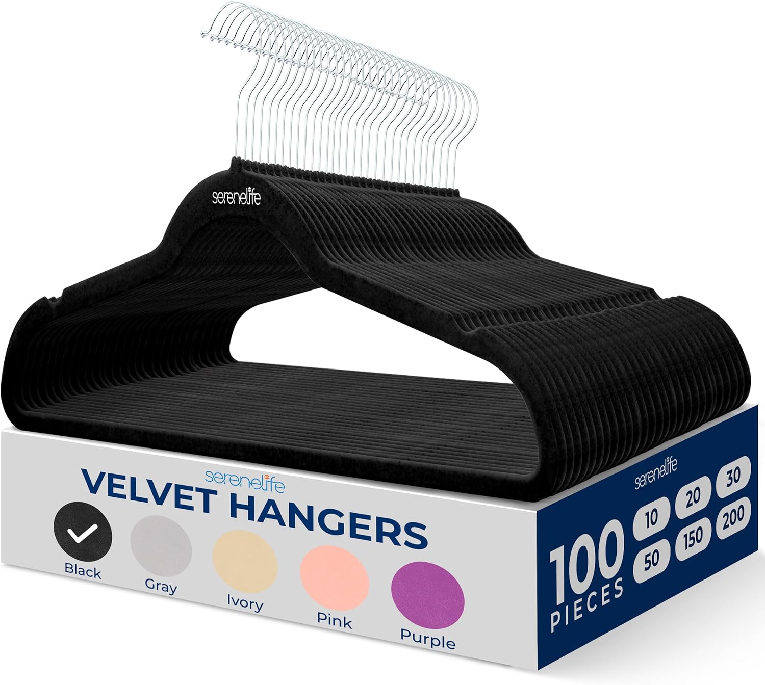 SereneLife Velvet Hangers 100 Pack - Slim Non-Slip Black Clothes Hangers with Chrome 360° Swivel Hook, Durable 10 lbs Capacity for Closet Organization