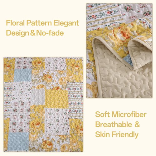 Anibedding Yellow Patchwork Quilt Set Queen Size Boho Floral Plaid Bedspread Coverlet Set, Soft Microfiber Bedding Set Summer Bed Cover, Yellow & Blue Patchwork Farmhouse Bedspread for All Season