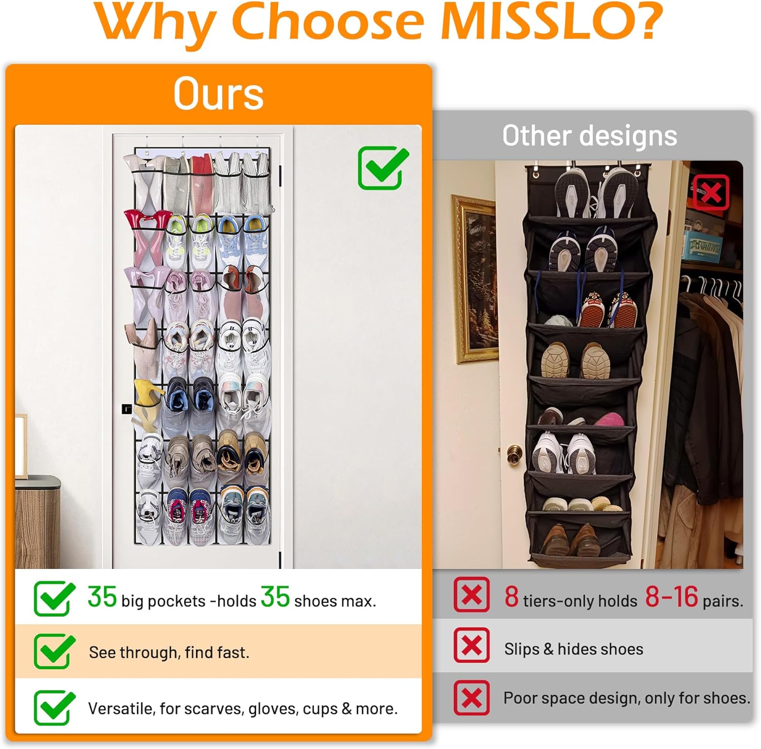 MISSLO Over The Door Shoe Organizer - 35 Large Pockets, Sturdy Oxford Fabric, White