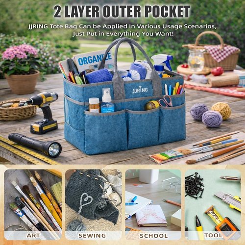 JJRING Large Art Supply Storage Tote Bag - Sturdy Craft Organizer with 2 Mesh Pockets & Elastic Front | Green, Foldable Design for Artists & Teachers