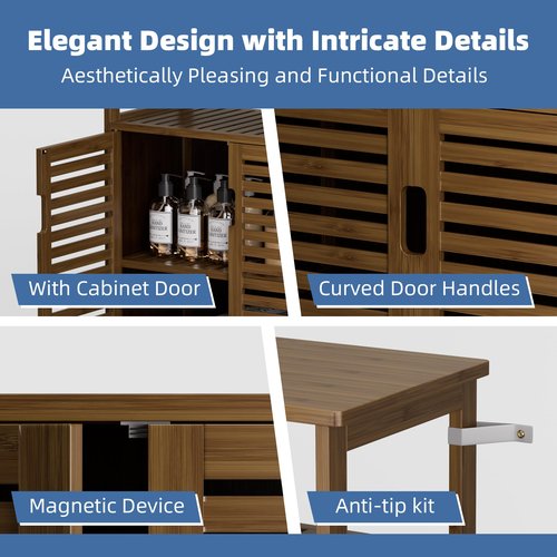 HITNET Walnut Bathroom Floor Cabinet, Bamboo Side Tall Storage Organizer, Freestanding Kitchen Cupboard with Door and Shelf