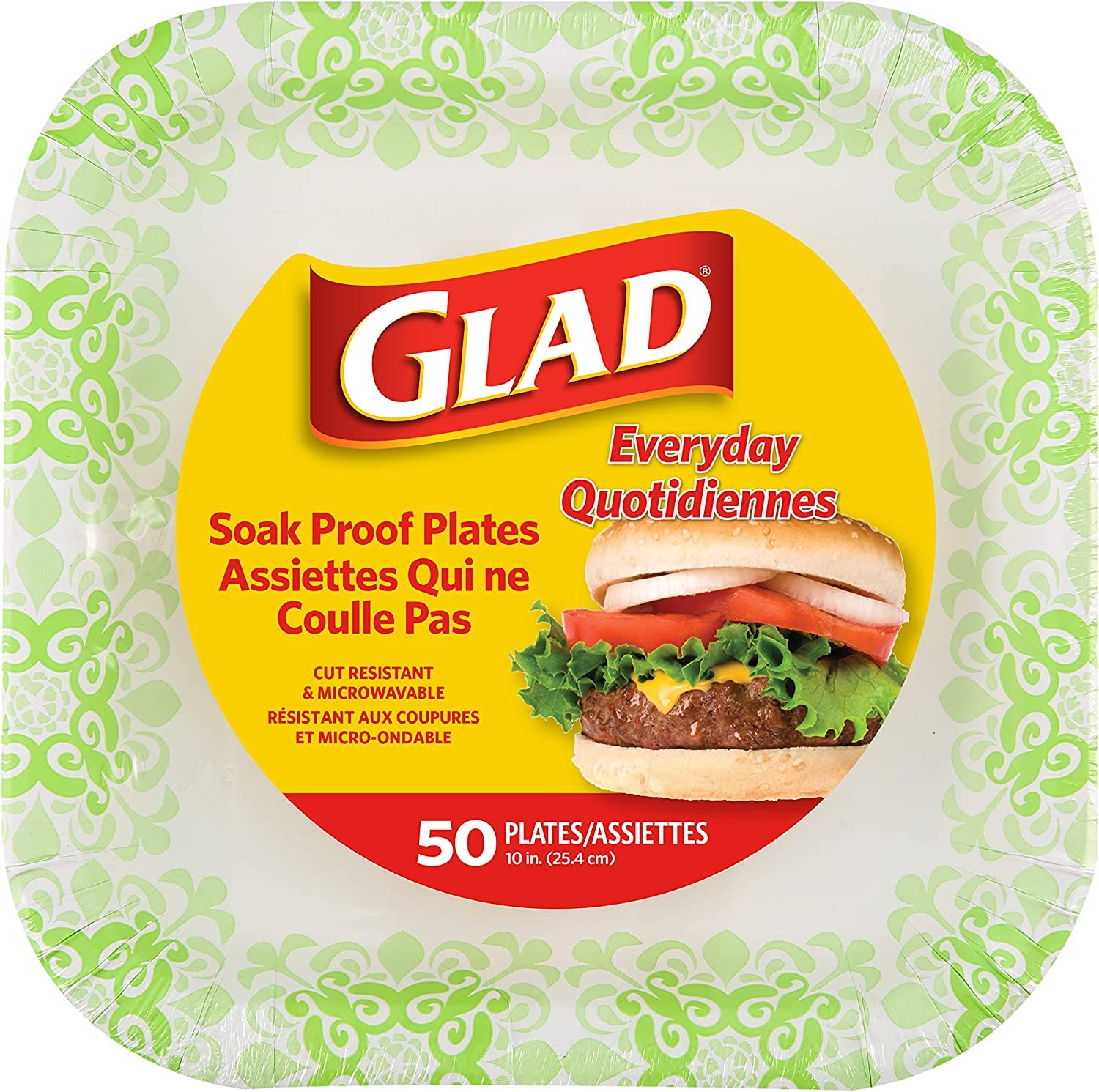 Glad Square Heavy Duty Paper Plates Soak Proof Cut Proof Microwaveable Disposable Plates Parties Everyday Meals Green Victorian Floral Pattern 10 Inch 50 Count 6 Pack Pantry Stocking Bulk Value