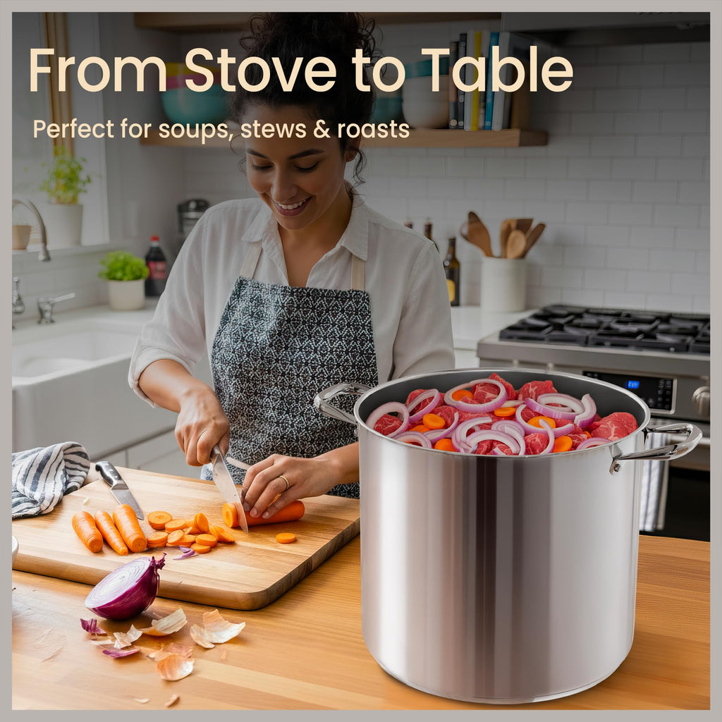 Stainless Steel Stockpot with Tempered Glass Lid 12 Quart, Durable 18/0 Stainless Steel, Impact-Bonded Base for Even Heating, Riveted Handles, Oven & All Stove Compatible, Safe Up To 500°F (260°C)