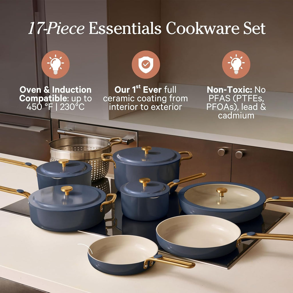 Our Place 17-Piece Cookware Set - Nonstick Ceramic Fry Pans, Saucepans & Stock Pot | Oven Safe to 450°F | Blue Salt
