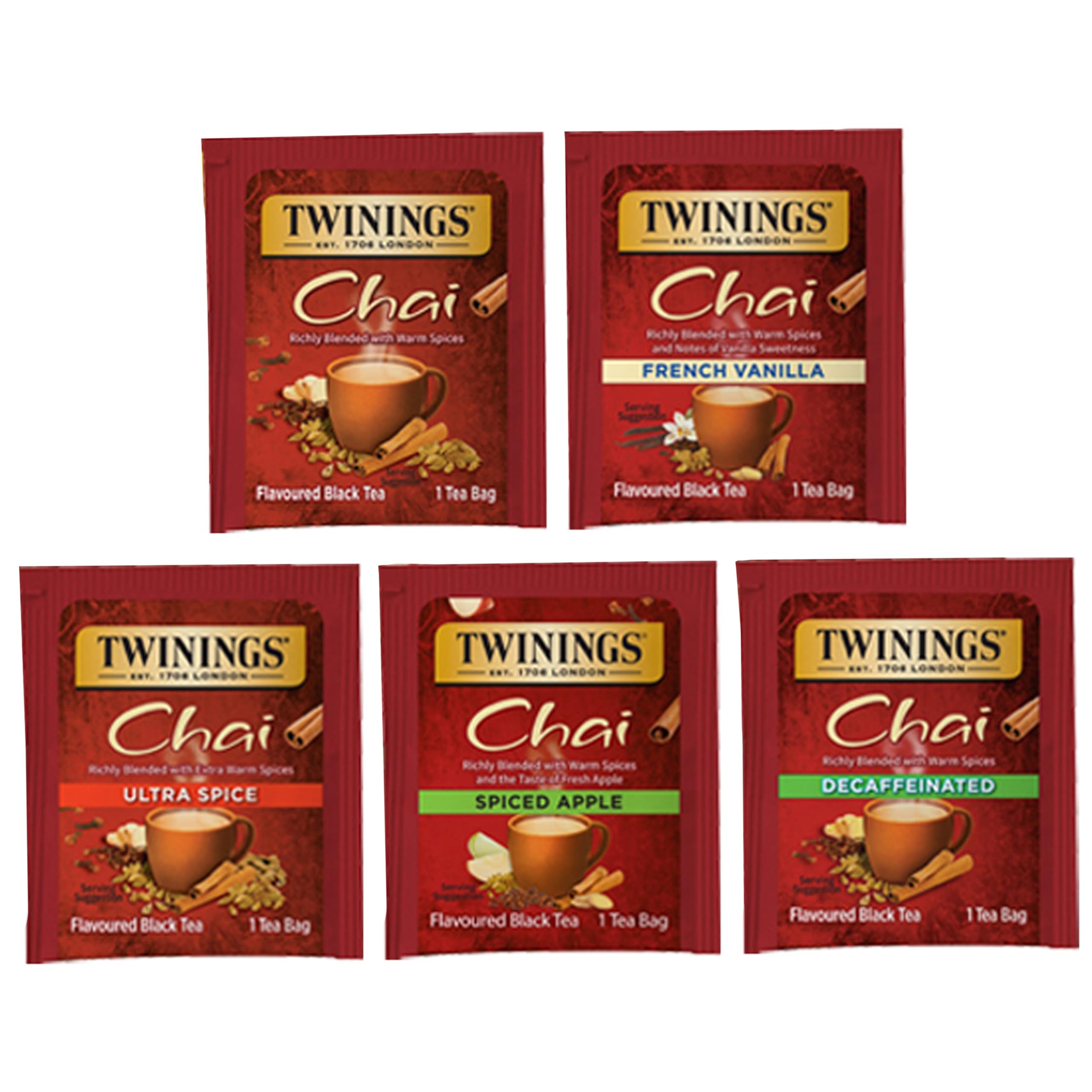 Twinings Chai Black Tea Bag Sampler Assortment, Variety Pack (20 Count) 5 Different Flavours for Tea Lovers: Her, Him, Women, Men, Couples, Family, Friends, Coworkers